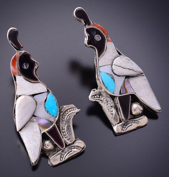 Vintage Silver & Turquoise Multistone Zuni Inlay Quail Family Earrings 3K09H