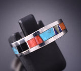 Size 6-3/4 Silver & Turquoise Multistone Navajo Inlay Ring by TSF 3L13R