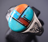 Size 12-1/4 Silver & Turquoise Multistone Navajo Inlay Mens Ring Mary Lincoln 6D09V