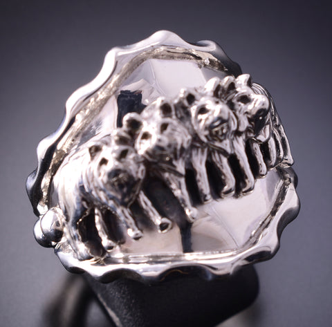 Size 10 Silver Navajo Handmade Strong Wolfpack Men's Ring 6J30E