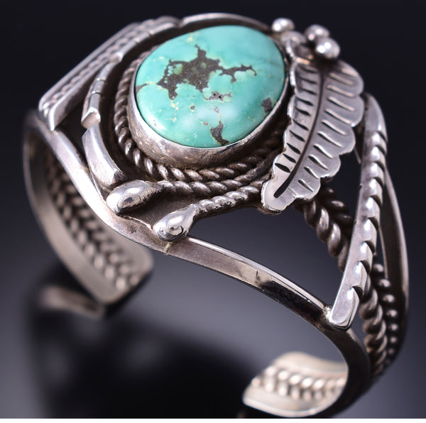 Vintage Silver & Ajax Turquoise Navajo Handmade Feather Bracelet 6D28N