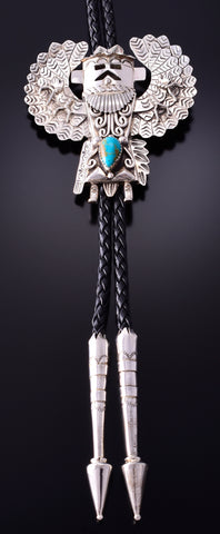 Silver & Kingman Turquoise Navajo Eagle Dancer Bolo Tie by Alonzo Mariano 4D15B