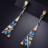 Silver & Turquoise Multistone Zuni Inlay Long Earrings Kathy Boone 5G18Y