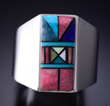Size 13-1/4 Silver & Turquoise Multistone Navajo Inlay Mens Ring Jimmy Harrison 6F22H