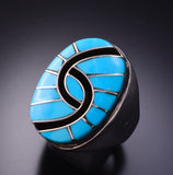 Size 11-3/4 Silver & Kingman Turquoise Zuni Inlay Hummingbird Mens Ring by Amy Quandelacy 3F22Z