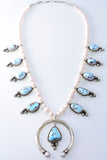 Silver & Golden Hills Turquoise & Fresh Pearl Navajo Squash Blossom Necklace by Erick Begay 3H21W