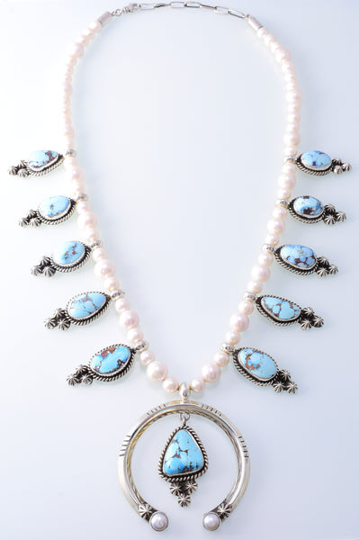 Silver & Golden Hills Turquoise & Fresh Pearl Navajo Squash Blossom Necklace by Erick Begay 3H21W