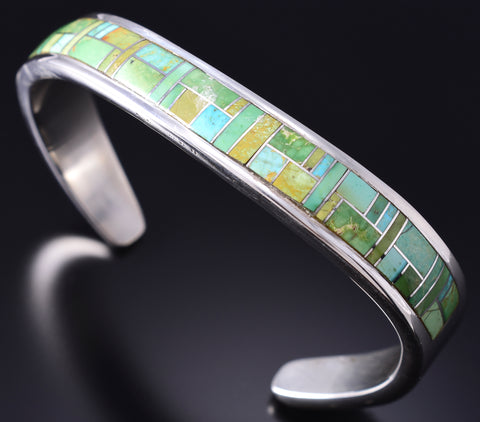 Vintage Silver & Turquoise Navajo Inlay Wave Bracelet by Steve Francisco 6A21J