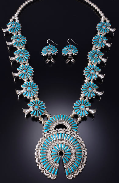 Silver & Turquoise Navajo Squash Blossom Necklace Earring Set Kyle Wilson 6H06Q