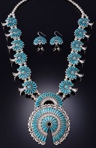Silver & Turquoise Navajo Squash Blossom Necklace Earring Set Kyle Wilson 6H06Q