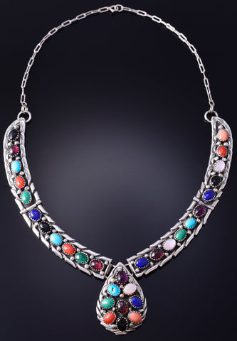 Vintage Silver & Turquoise Multistone Navajo Handmade Necklace stamped FA 5H21T