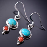 Silver & Turquoise w/ Coral Navajo Dangle Earrings by Gary Shorty 6G29S