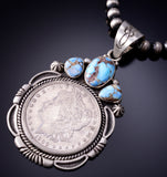 Silver & Golden Hills Turquoise Morgan Silver Dollar Pendant - Erick Begay 6F27T