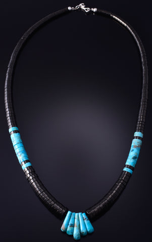 20" Santo Domingo Pueblo (Kewa) Onyx & Turquoise Necklace by Lupe Lovato 5G28D