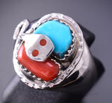 Size 6-3/4 Silver & Turquoise w' Coral Zuni Effie C. Snake Ring 4A12K