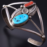Vintage Silver & Turquoise w/ Coral Navajo Feathers Bracelet 5H25W