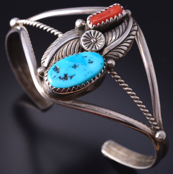 Vintage Silver & Turquoise w/ Coral Navajo Feathers Bracelet 5H25W