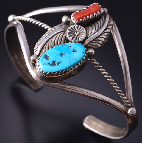 Vintage Silver & Turquoise w/ Coral Navajo Feathers Bracelet 5H25W
