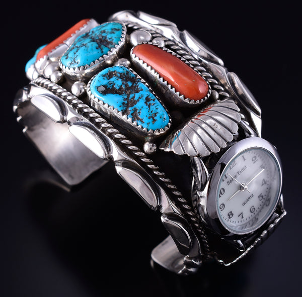 Vintage Silver & Turquoise w/ Coral Navajo "Watch on Side" Watch Bracelet 5K17A