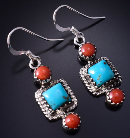Silver & Turquoise w/ Coral Navajo Dangle Earrings by Gary Shorty 5G18F