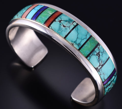 Vintage Silver & Turquoise Multistone Navajo Inlay Bracelet by RB 5K10B