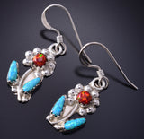 Silver & Turquoise w/ Fire Opal Zuni Flower Earrings by Marsha Quam 5G18W