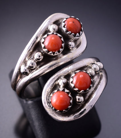 Adjustable Silver & Coral Navajo Handmade Wrap Ring by Genevieve Francisco 4A12X