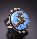Size 8 Silver & Golden Hills Turquoise Round Navajo Ring by Eli Skeets 3F22M