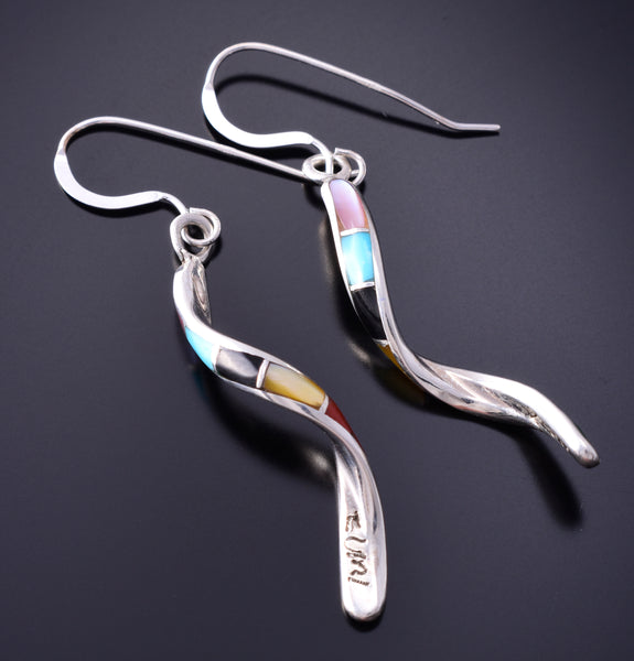 Silver & Turquoise Multistone Zuni Inlay Swirl Earrings by Ira Johnson 3H02Y