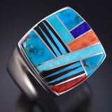 Size 12-3/4 Silver Multistone Navajo Inlay Men's Ring by Bessie Johnson 5L05F