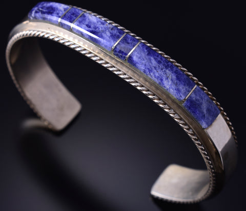 Vintage Silver & Denim Lapis Navajo Inlay Bracelet stamped F 5G28Y