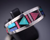 Size 13-1/2 Silver & Turquoise Multistone Navajo Inlay Mens Ring Jimmy Harrison 6F22G