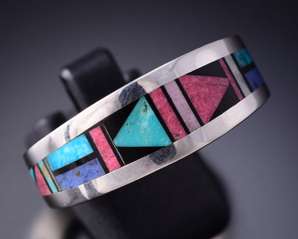 Size 13-1/2 Silver & Turquoise Multistone Navajo Inlay Mens Ring Jimmy Harrison 6F22G