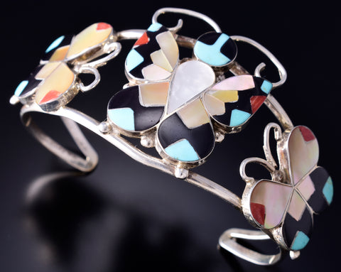 Silver & Turquoise Multistone Zuni Inlay Butterfly Bracelet Allison Dishta 5L20Y