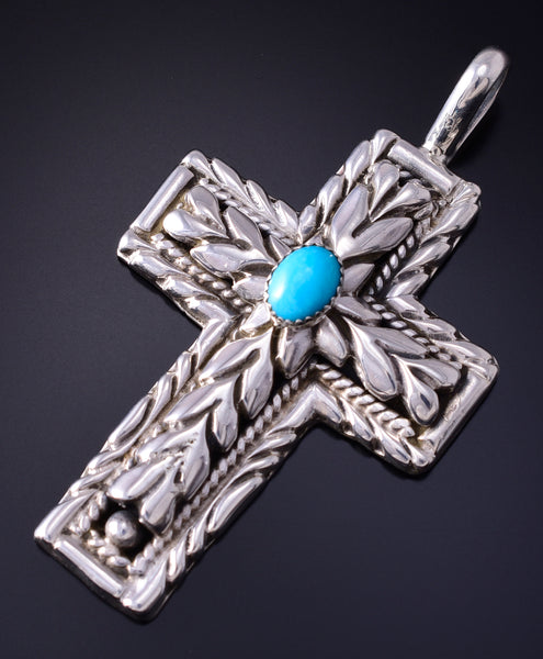 Silver & Turquoise Navajo Handmade Love Cross Pendant by Erick Begay 5F30Z