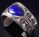 Silver & Lapis Navajo Handmade Rug Design Wide One Side Bracelet Ray Scott 5F04Y
