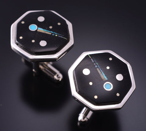 Silver & Jet Multistone Navajo Inlay Comet Sky Cuff Links by TSF 3L13C