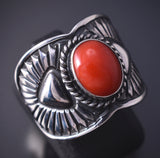 Size 9-3/4 Silver & Mediterranean Coral Navajo Ring by Derrick Gordon 5H21N