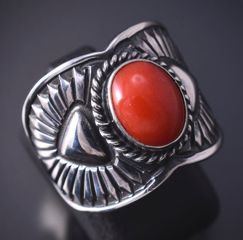 Size 9-3/4 Silver & Mediterranean Coral Navajo Ring by Derrick Gordon 5H21N