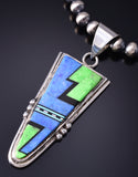 Vintage Silver Multistone Navajo Inlay Long Pendant by Duran Gasper 6A03Y