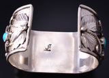 Silver & Kingman Turquoise Feathers Flowers Navajo Bracelet Jerry Thompson 5J18H