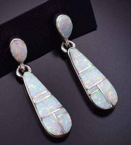 Silver & Opal Navajo Inlay Long Earrings by TSF 3L10Q