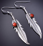 Silver & Coral Navajo Eagle Feather Earrings by Louise Joe 6D09K