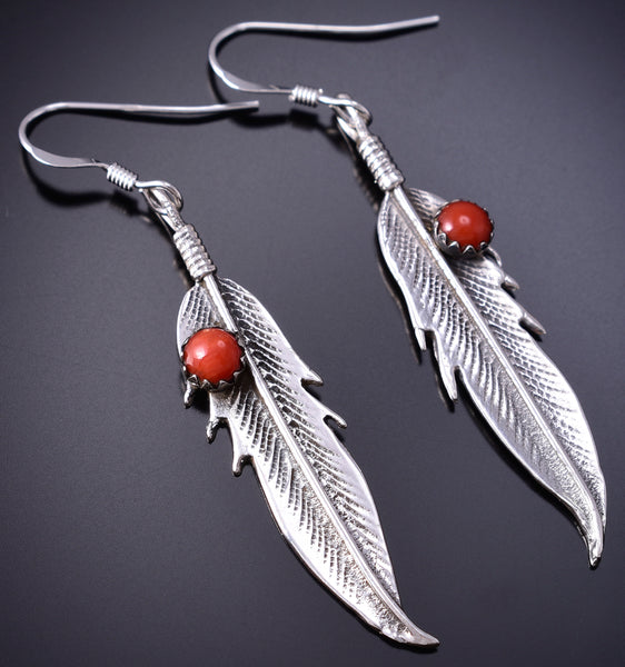 Silver & Coral Navajo Eagle Feather Earrings by Louise Joe 6D09K
