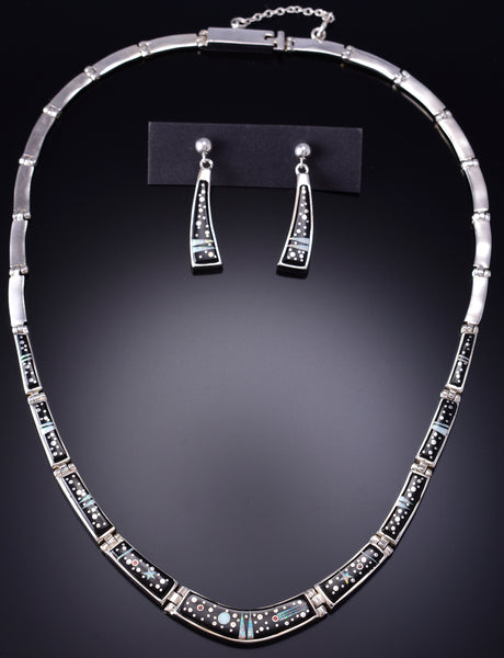 Silver & Jet Multistone Navajo Inlay Necklace Earring Set by Mary Yazzie 6H25J