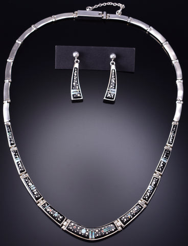 Silver & Jet Multistone Navajo Inlay Necklace Earring Set by Mary Yazzie 6H25J