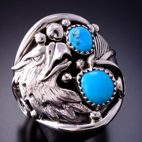 Size 9-3/4 Silver & Turquoise Eagle Navajo Ring by Jeanette Saunders 4A12H