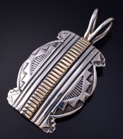 Vintage Silver & 14k Gold Navajo Handstamped Rug Pendant by Geneva Ramone 5H21K