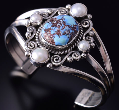 Silver & Golden Hills Turquoise Fresh Pearl Navajo Bracelet by Erick Begay 5F30E