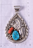 Silver & Turquoise w/ Coral Eagle Feathers Navajo Pendant Julia Etsitty 5J18Z